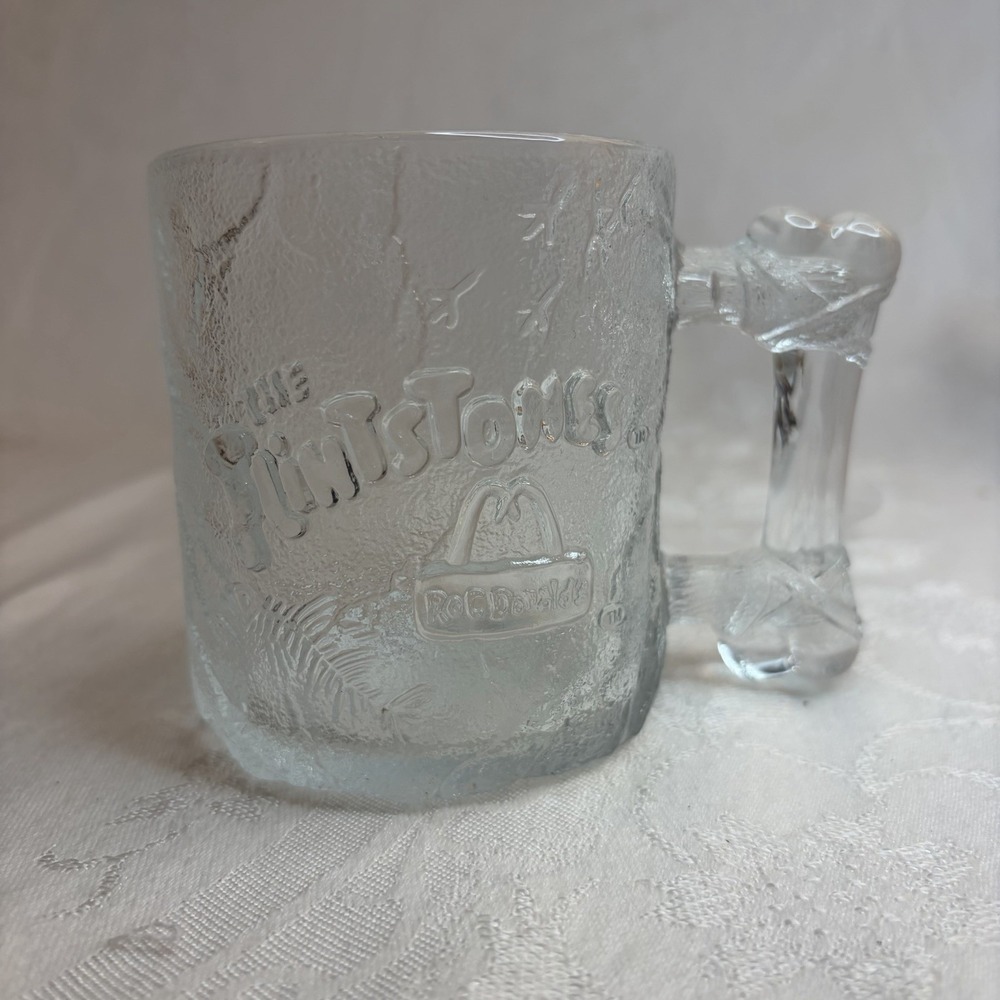 The Flintstones Glass Pre-Dawn Coffee Mug Cup Bone Handle McDonalds 1993 Vintage
